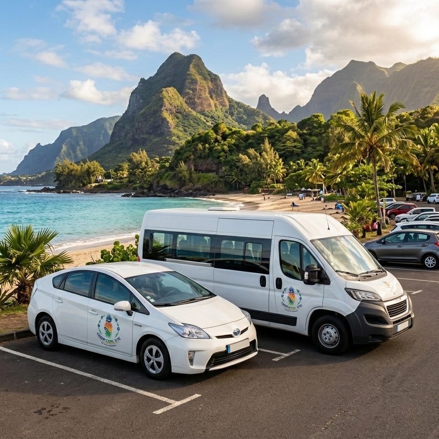 Véhicules Tropicool VTC face au littoral de La Réunion